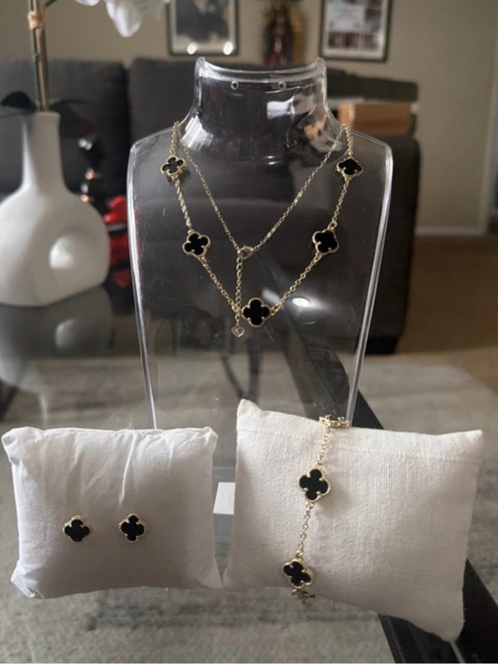 Gold-Tone Black Clover Motif Necklace, Bracelet & Stud Earrings Set